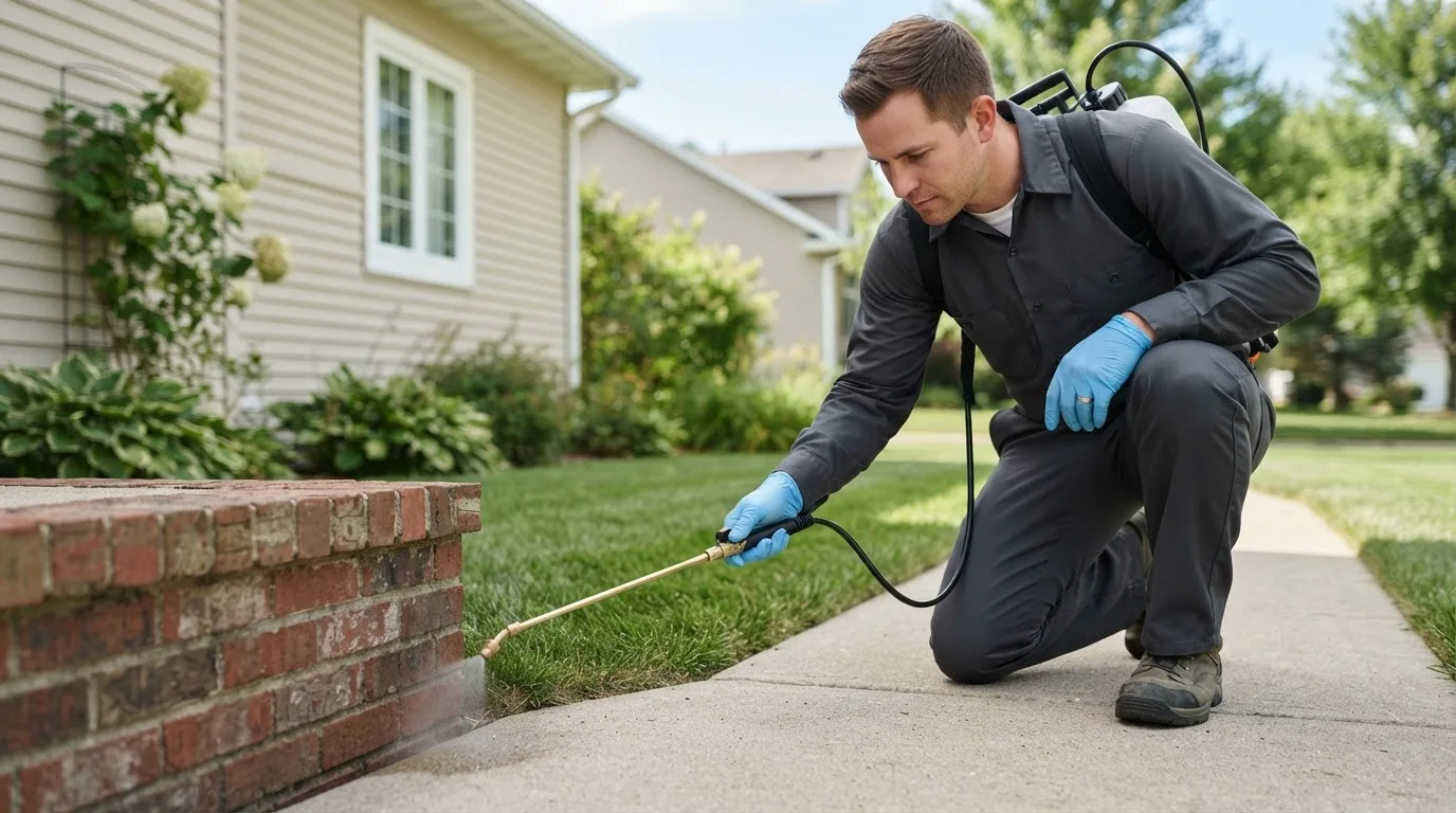 Pest control technician treating a home near Harrietta, MI