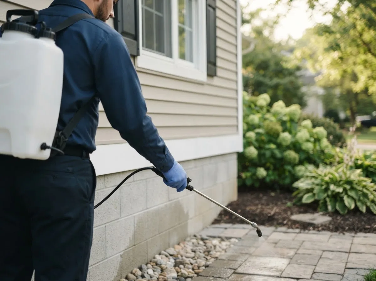 Pest control technician inspecting a home in Harrietta, MI